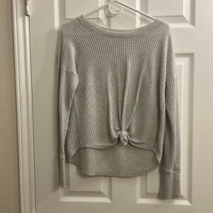 Grey long sleeve sweater, front knot tie